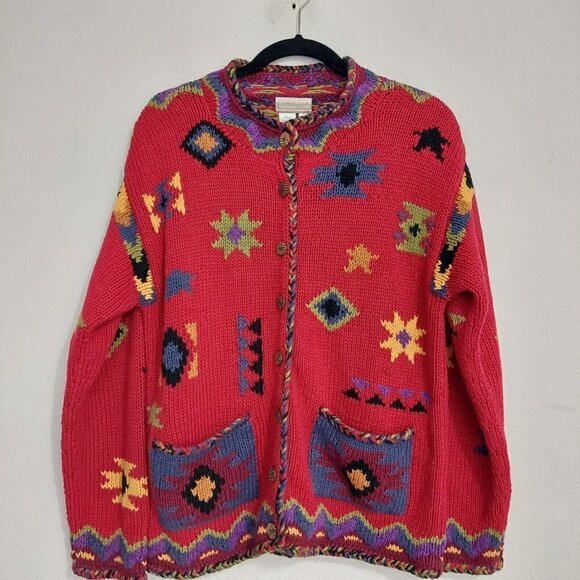 Coldwater Creek Sweaters - Coldwater Creek Red Southwest Aztec  Geometric Button Down Sweater Jacket Size L